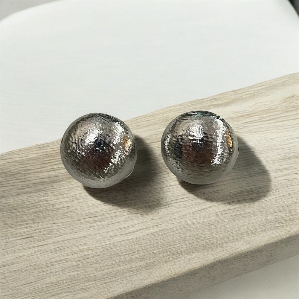 Vintage MCM MONET Silvertone Round Satin Finish Domed Ball Clip Earrings
